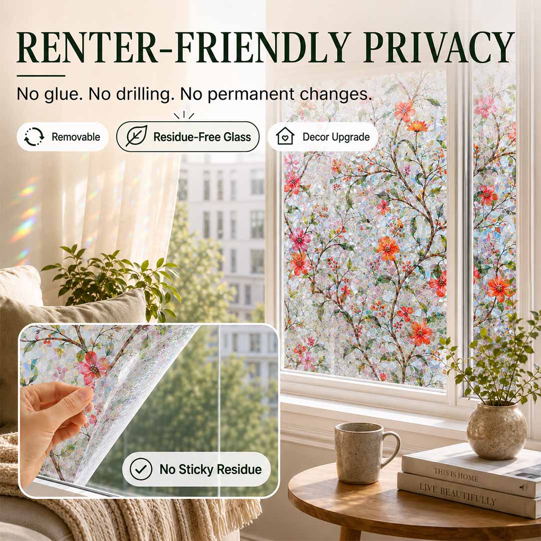Floral Static Cling Window Film – No Glue, Added Privacy & Cut-to-Fit